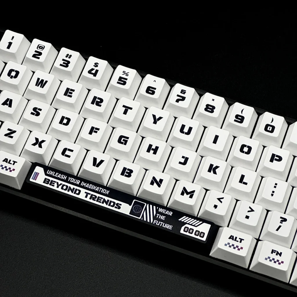 Full layout view of the Warframe keycap set installed on a gaming keyboard