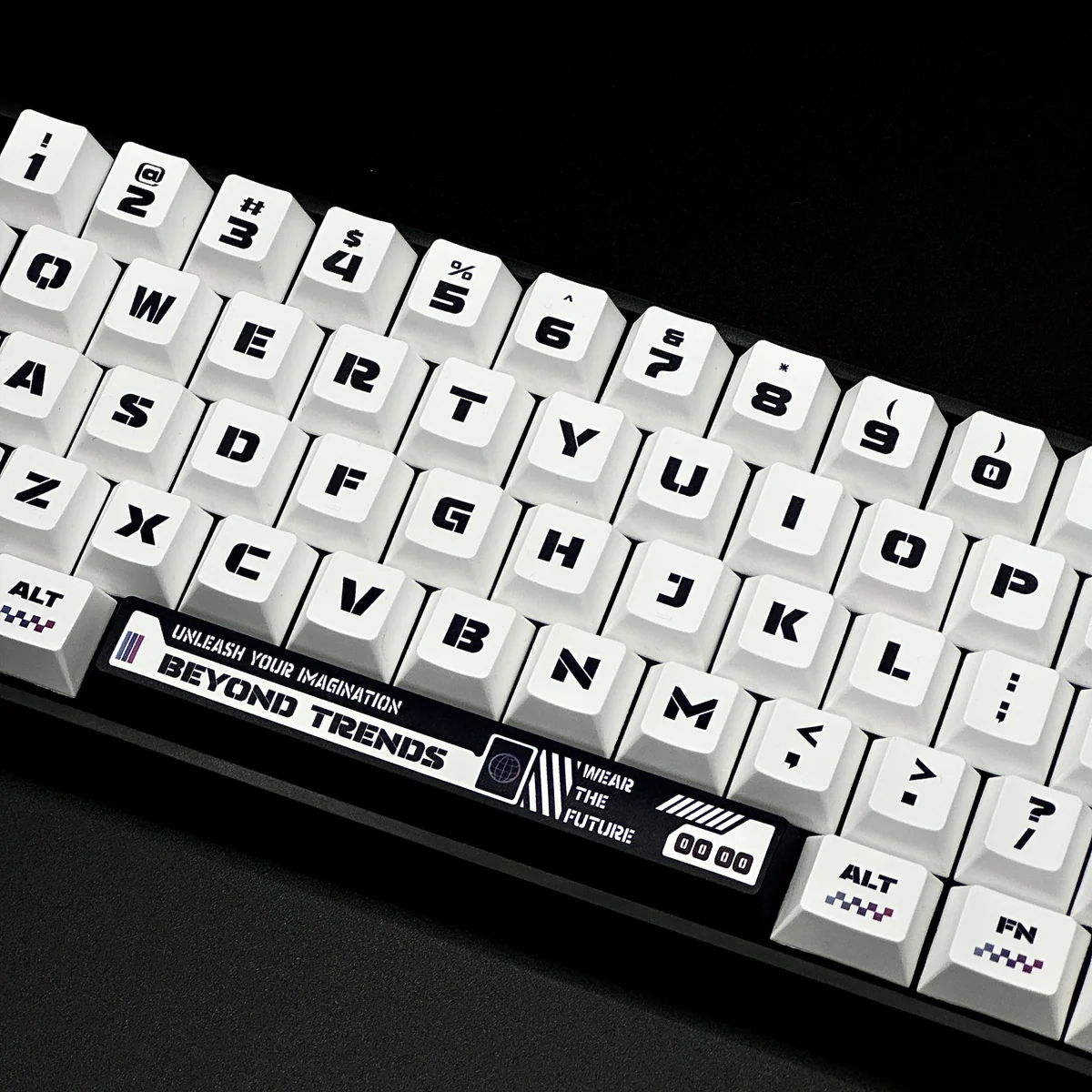 Full layout view of the Warframe keycap set installed on a gaming keyboard