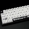 Close-up of Warframe themed PBT keycaps showing dye-sublimated legends