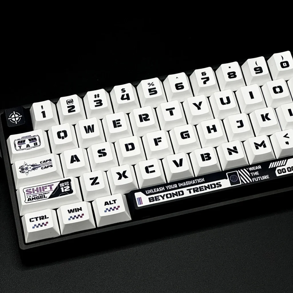 Close-up of Warframe themed PBT keycaps showing dye-sublimated legends