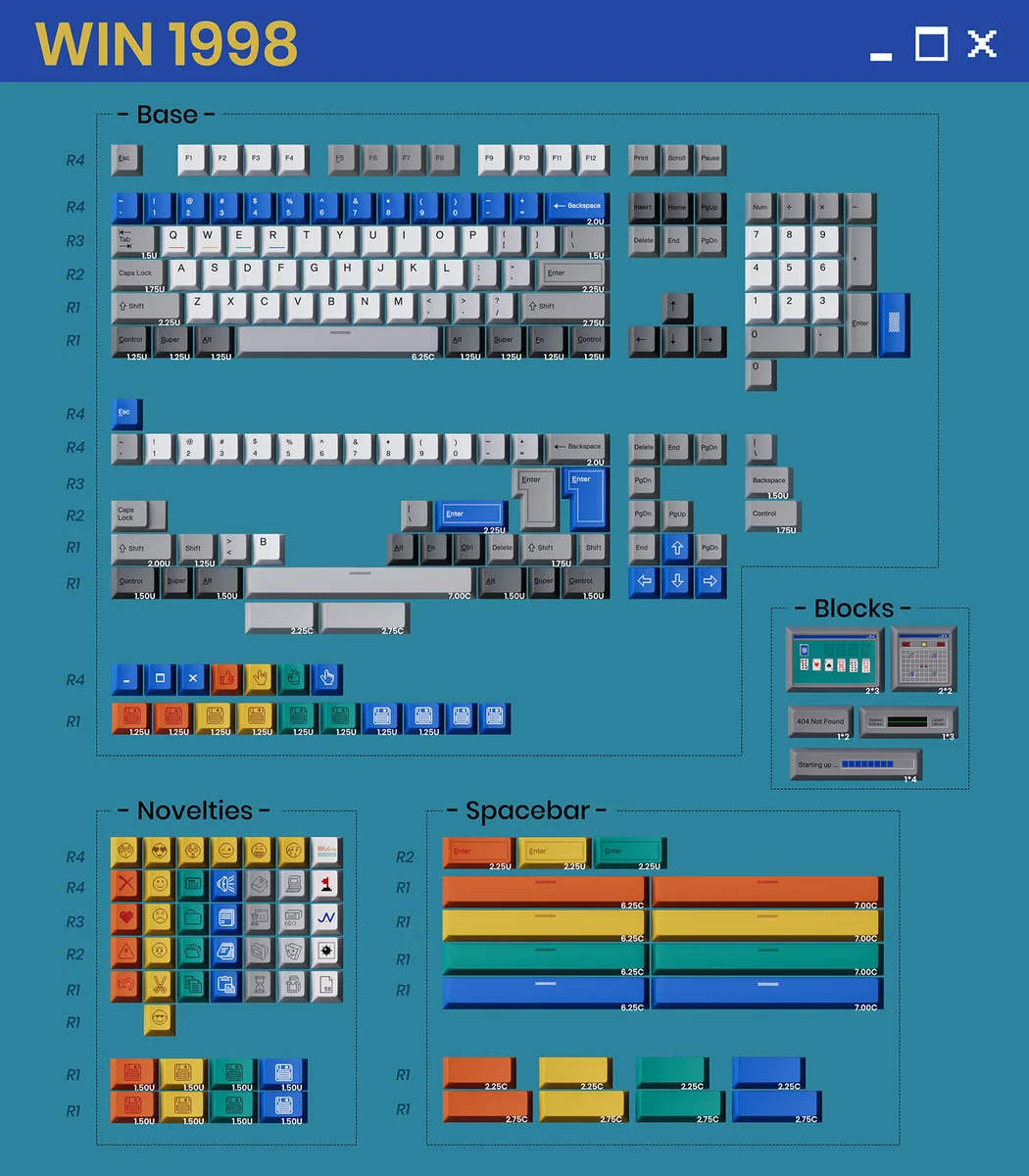 Full layout of the 177-key Win 1998 keycap set with various modifier keys