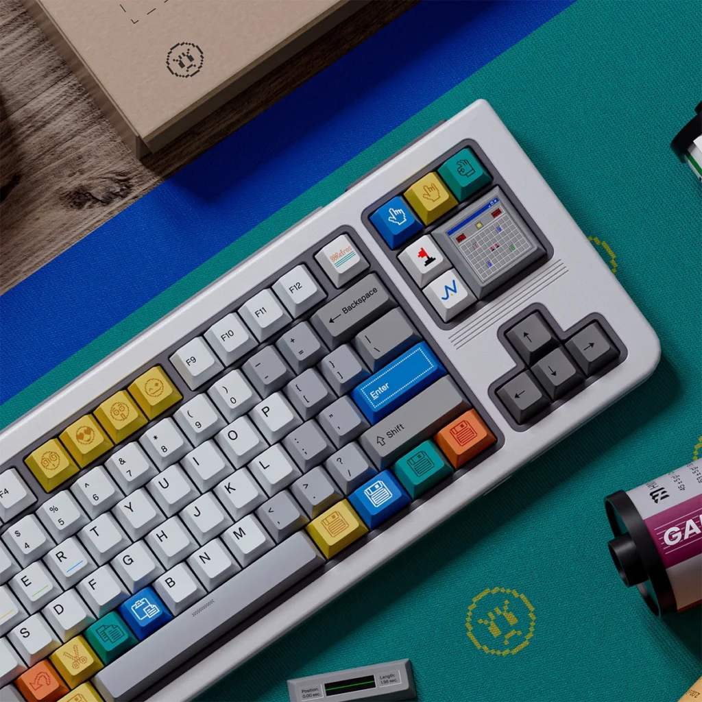 Win 1998 PBT Keycap Set on a mechanical keyboard, showcasing retro pixel art design
