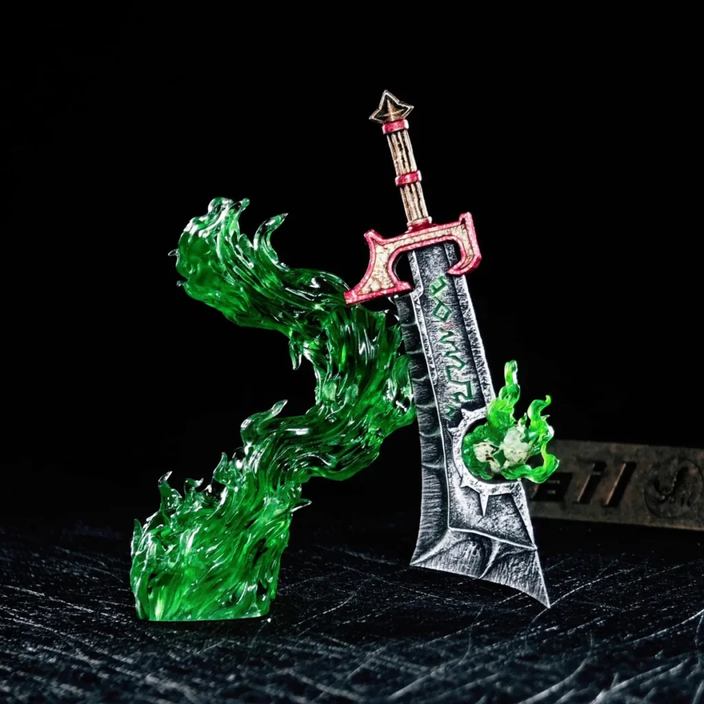 Detailed view of the Corrupted Ashbringer keycap's hilt and blade, emphasizing the craftsmanship and texture.