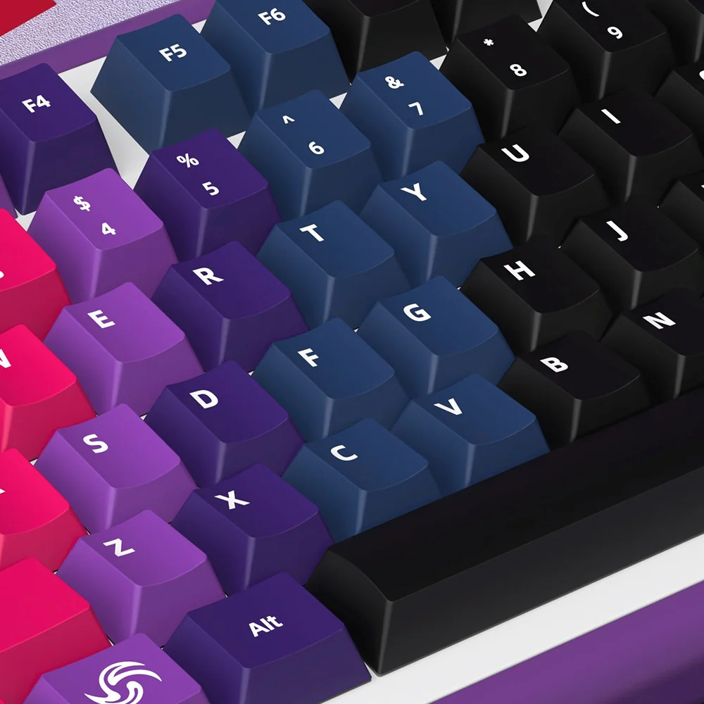 Close-up of Aurora PBT keycaps during typing, highlighting cosmic colors