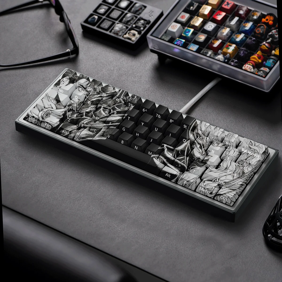 Close-up of Berserk keycaps showing detailed dye-sublimated side-printed characters
