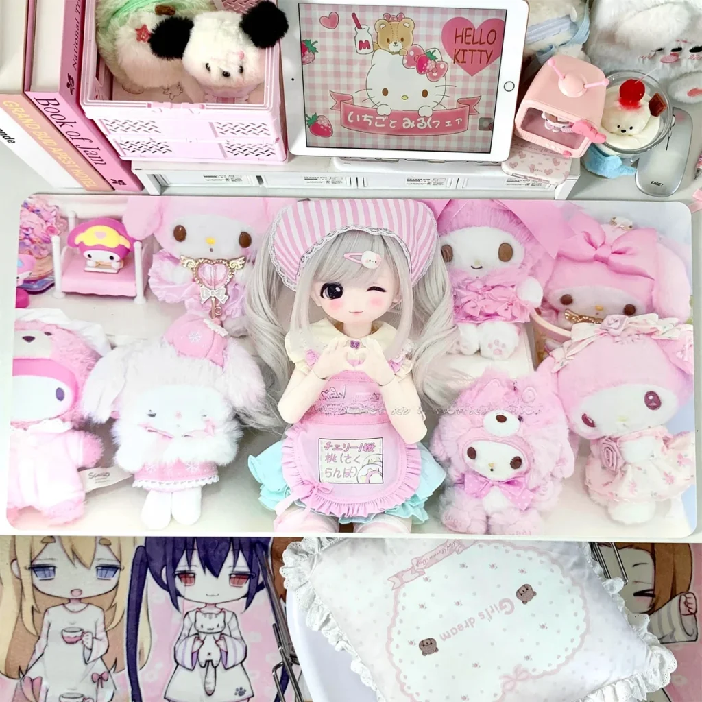 BJD Doll Pink Desk Mat on working desk, showcasing elegant aesthetic
