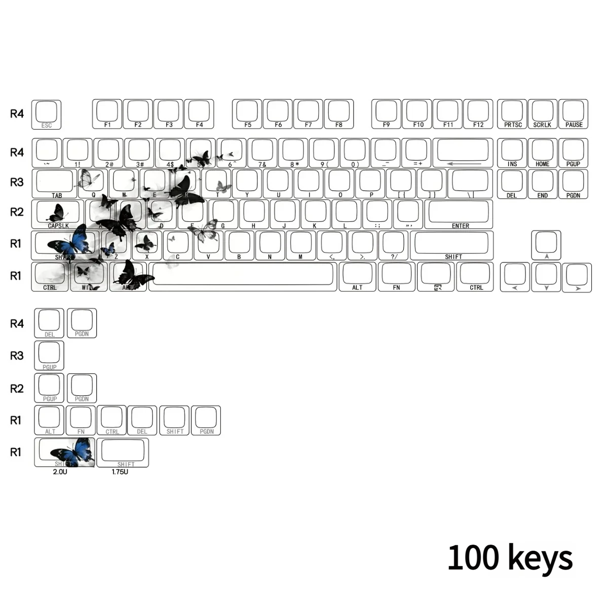 Full layout view of the Butterfly PBT keycap set installed on a minimalist mechanical keyboard