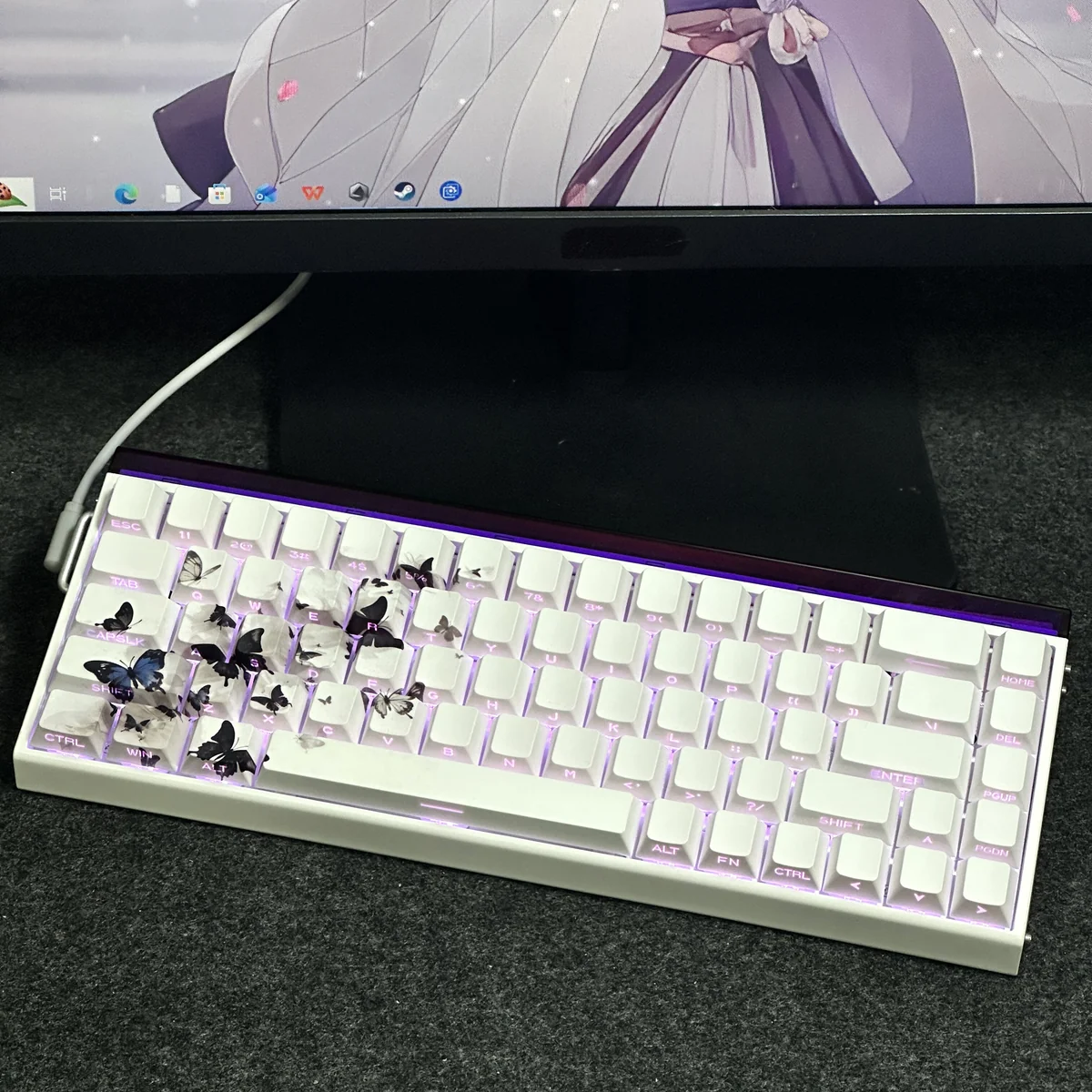 Butterfly PBT keycap set showcasing side-lit legends on a mechanical keyboard with RGB backlighting