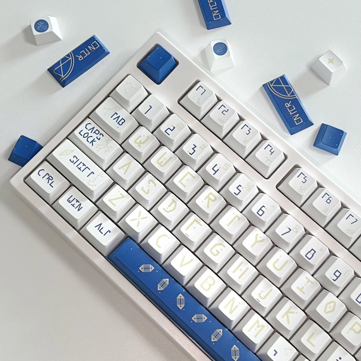 Close-up of Celestial Constellation keycap designs, highlighting Dye-sublimation detail