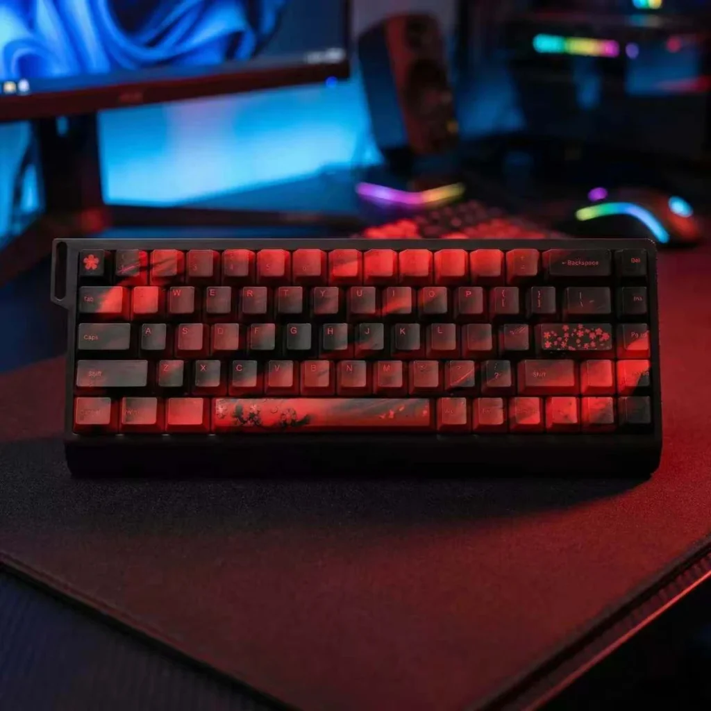 Side profile view of the Cherry Blossom keycaps, illustrating the ergonomic Cherry profile.