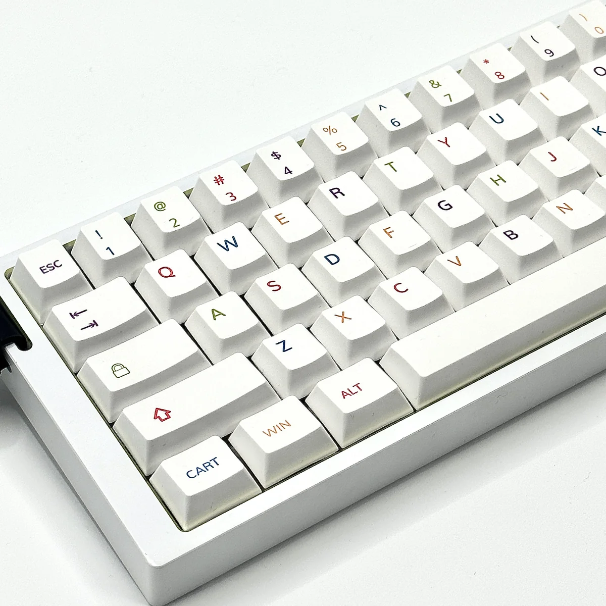 Close-up of Cherry profile colorful keycaps with detailed legends