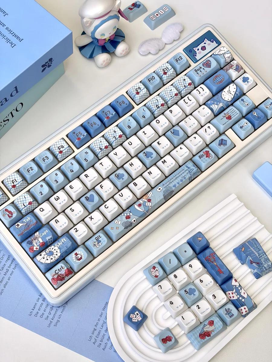 Typing perspective of the Cherry profile Fallen Alice keycaps on a keyboard