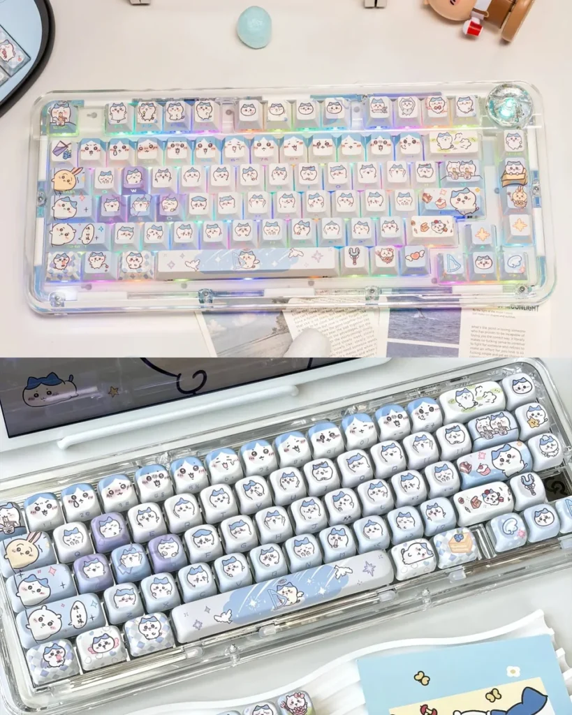 Chiikawa Hachiware PBT Keycap Set on mechanical keyboard with RGB backlighting