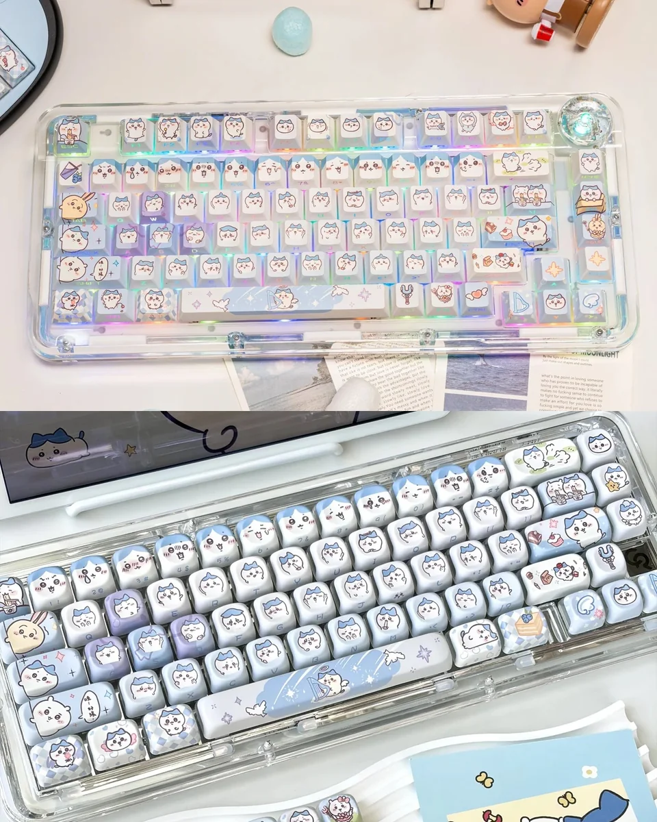 Chiikawa Hachiware PBT Keycap Set on mechanical keyboard with RGB backlighting