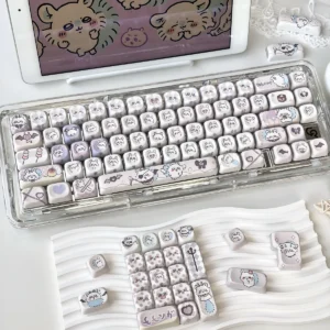 Close-up of Chiikawa Momonga keycaps showing side-printed translucent legends