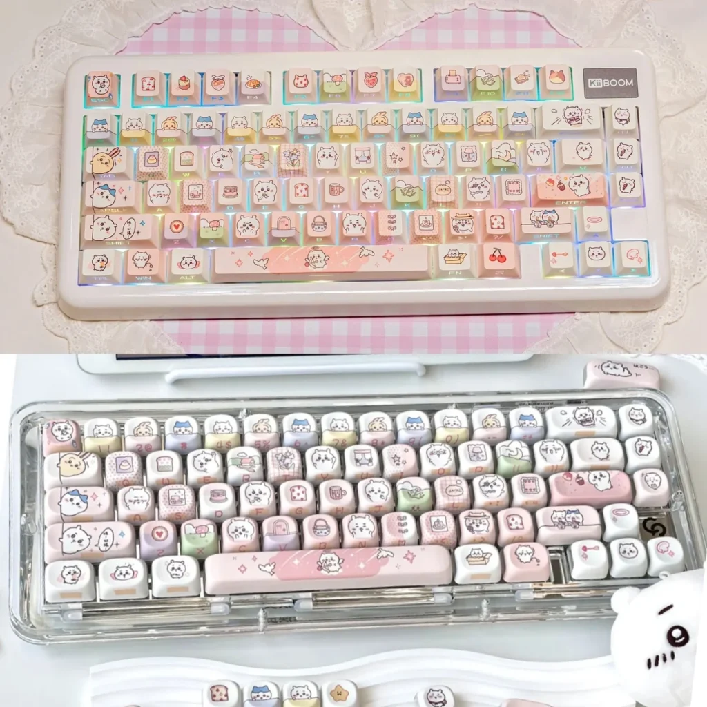 Chiikawa PBT translucent RGB backlit keycap set on a mechanical keyboard