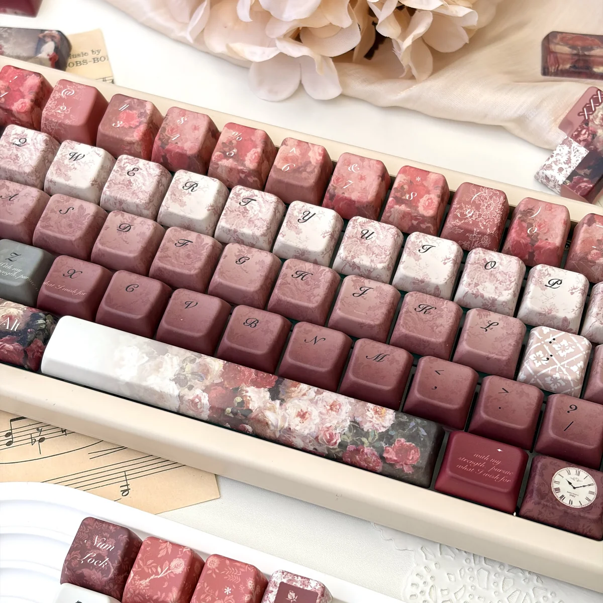 Full view of a mechanical keyboard featuring the Closer Heart Keycap Set in a romantic desk setup
