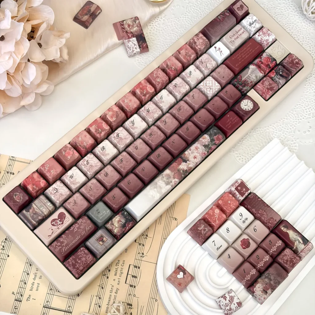 Closer Heart PBT Keycap Set with translucent heart accents on a white mechanical keyboard
