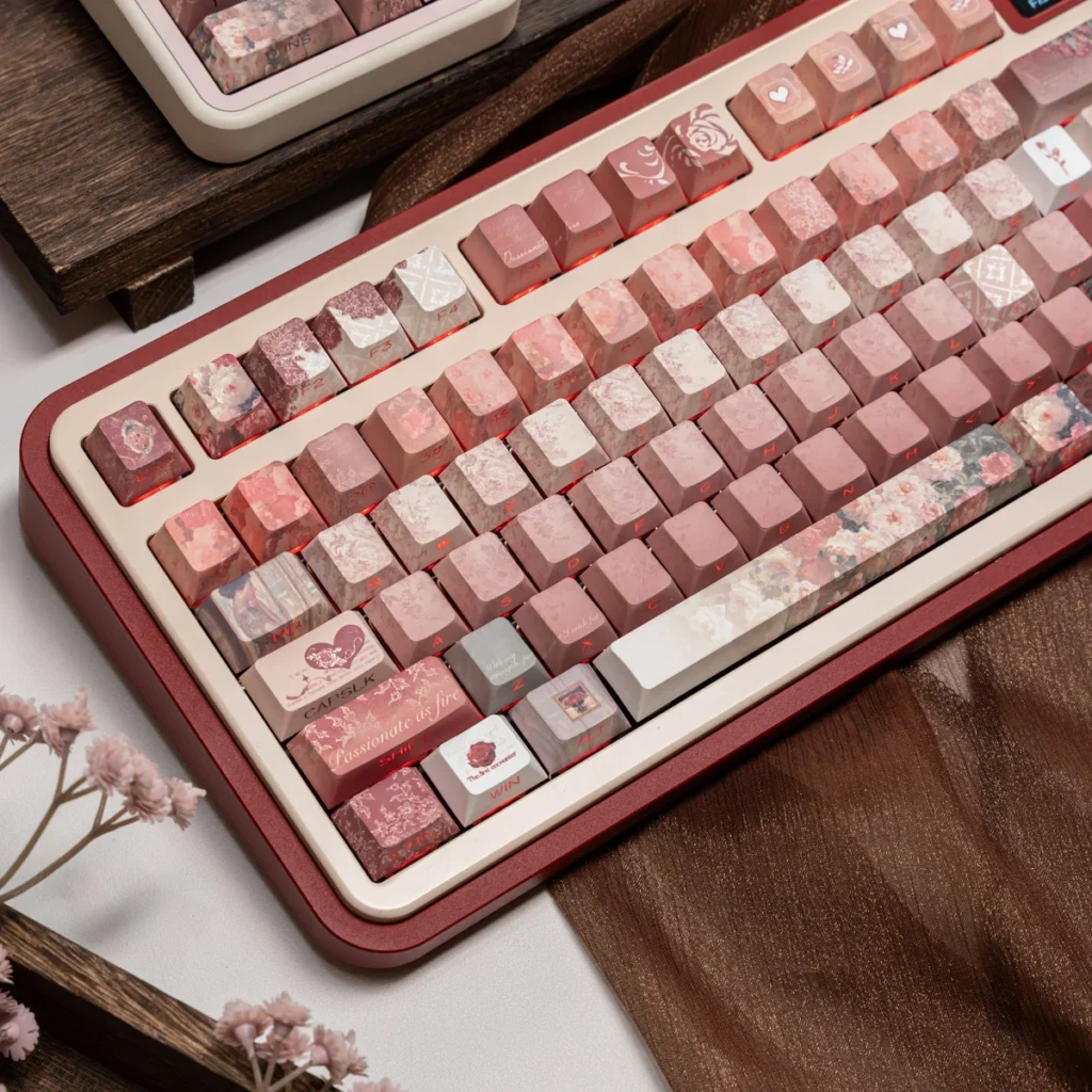 Detailed shot of translucent heart keycaps glowing with subtle RGB backlighting