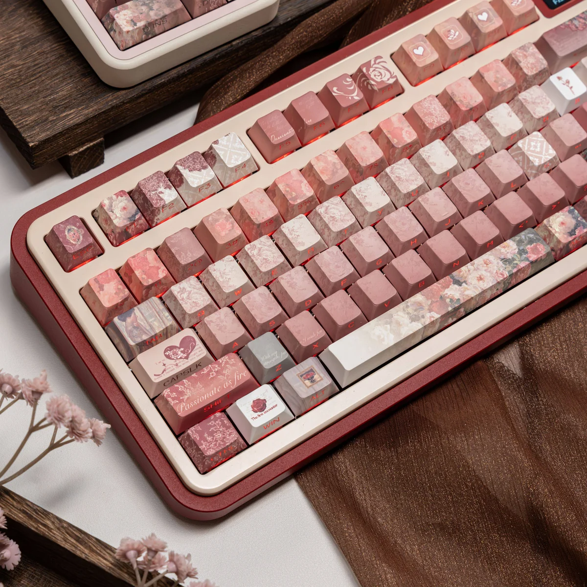 Detailed shot of translucent heart keycaps glowing with subtle RGB backlighting