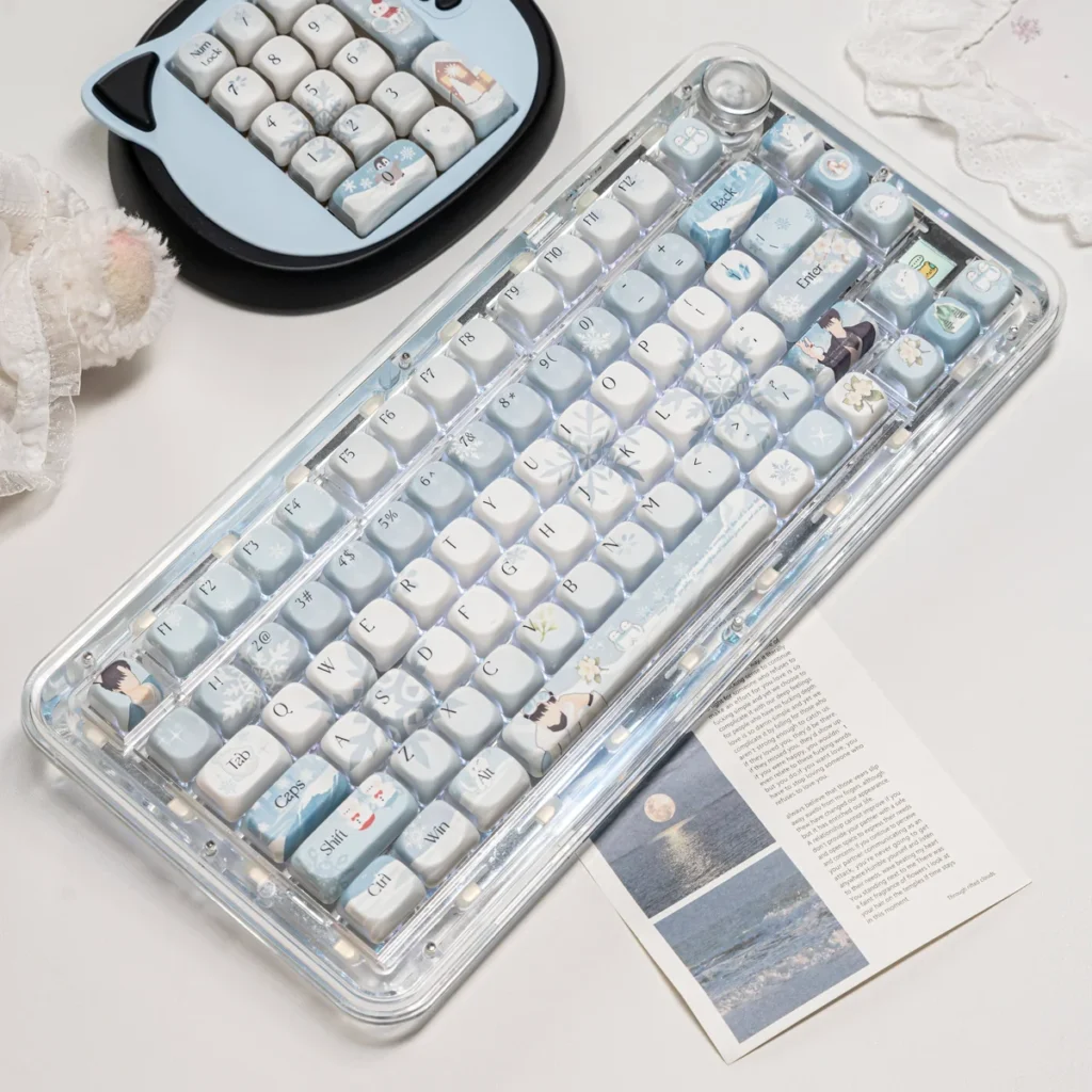 Overhead view of the complete 134-key Zayne Winter Series PBT keycap set arrangement