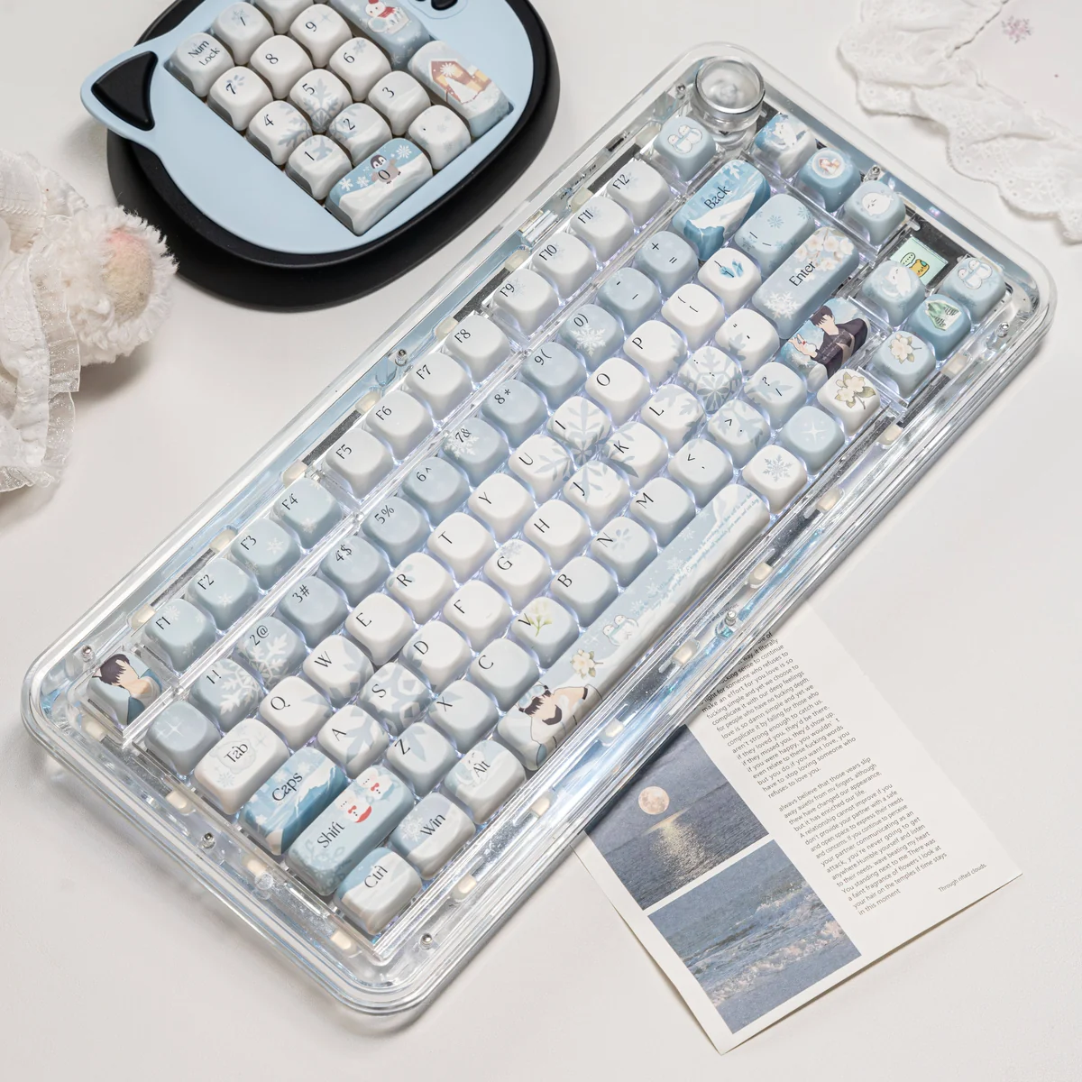 Overhead view of the complete 134-key Zayne Winter Series PBT keycap set arrangement