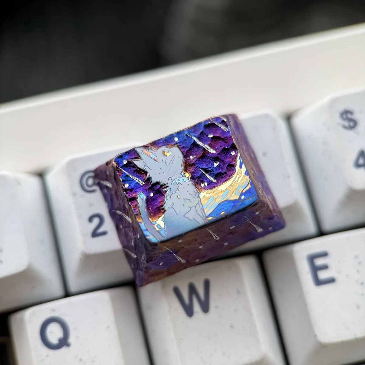 Close-up of Cosmic Purple Starry Sky Handcrafted titanium highlighting details and finish