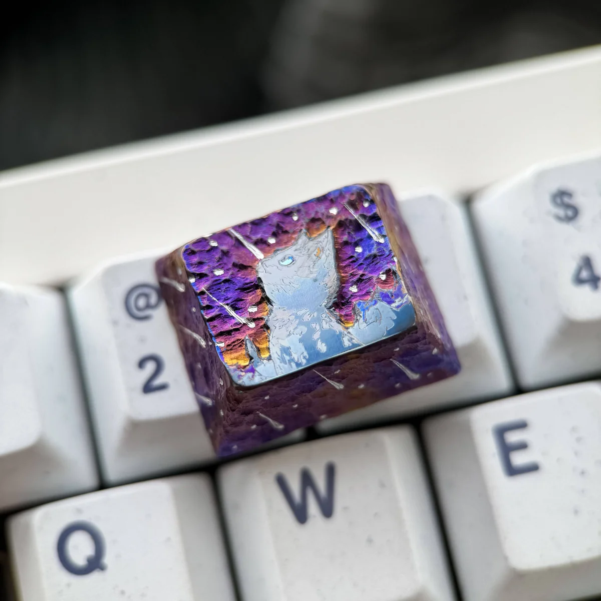 Side profile of Cosmic Purple Starry Sky Handcrafted titanium showing artisan keycap shape and fit