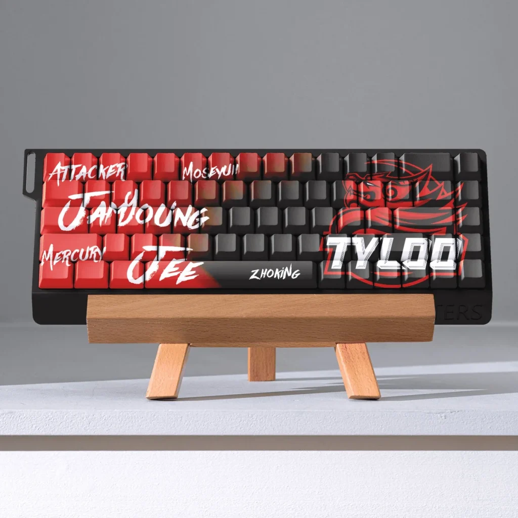 CS:GO TYLOO PBT Keycap Set on a mechanical keyboard, showcasing vibrant legends