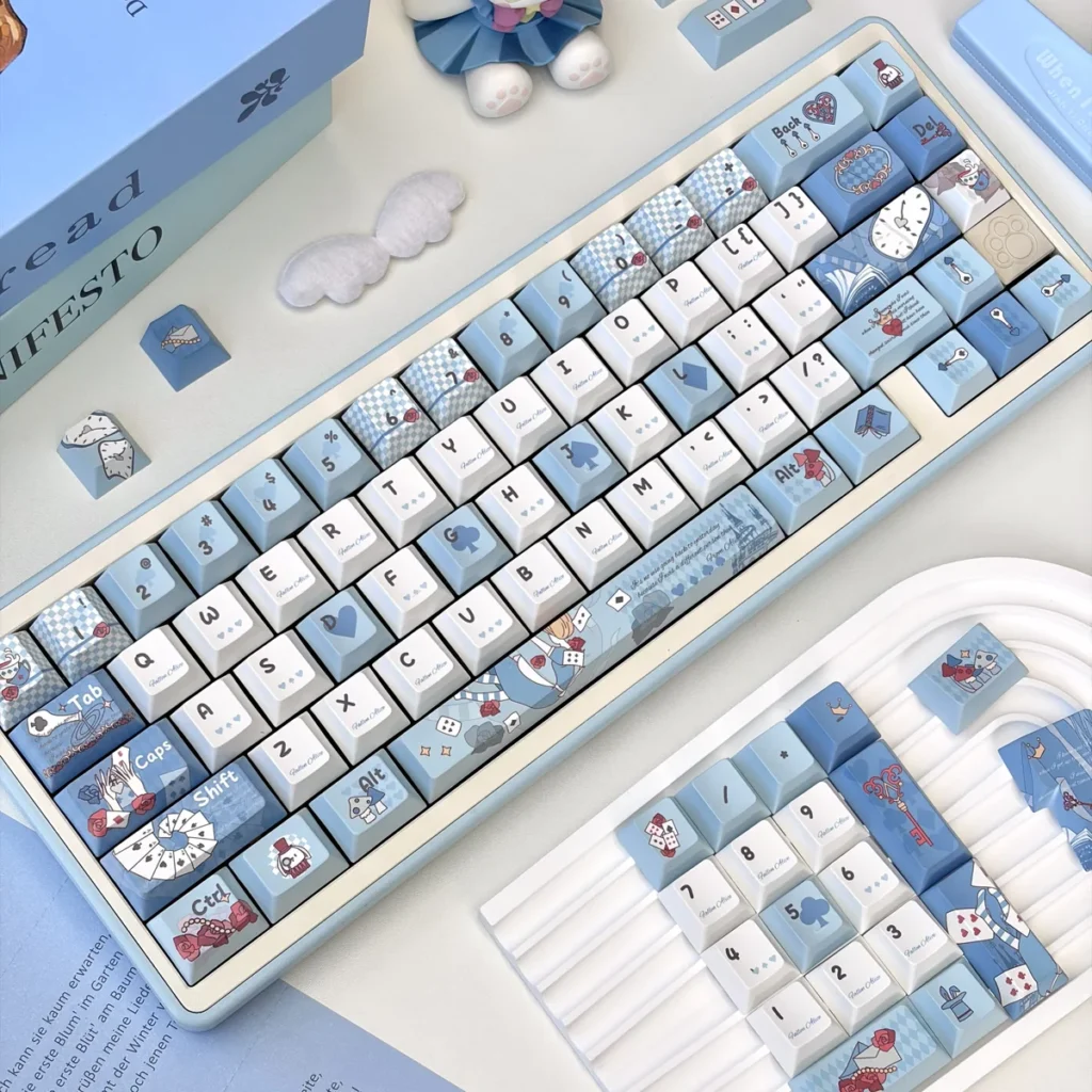 Custom mechanical keyboard featuring the Fallen Alice Wonderland keycap set installed