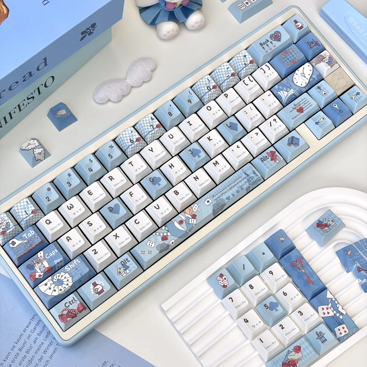 Custom mechanical keyboard featuring the Fallen Alice Wonderland keycap set installed