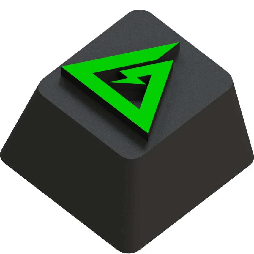 Close-up of silver Delta Force keycap showing engraved tactical logo and polished finish