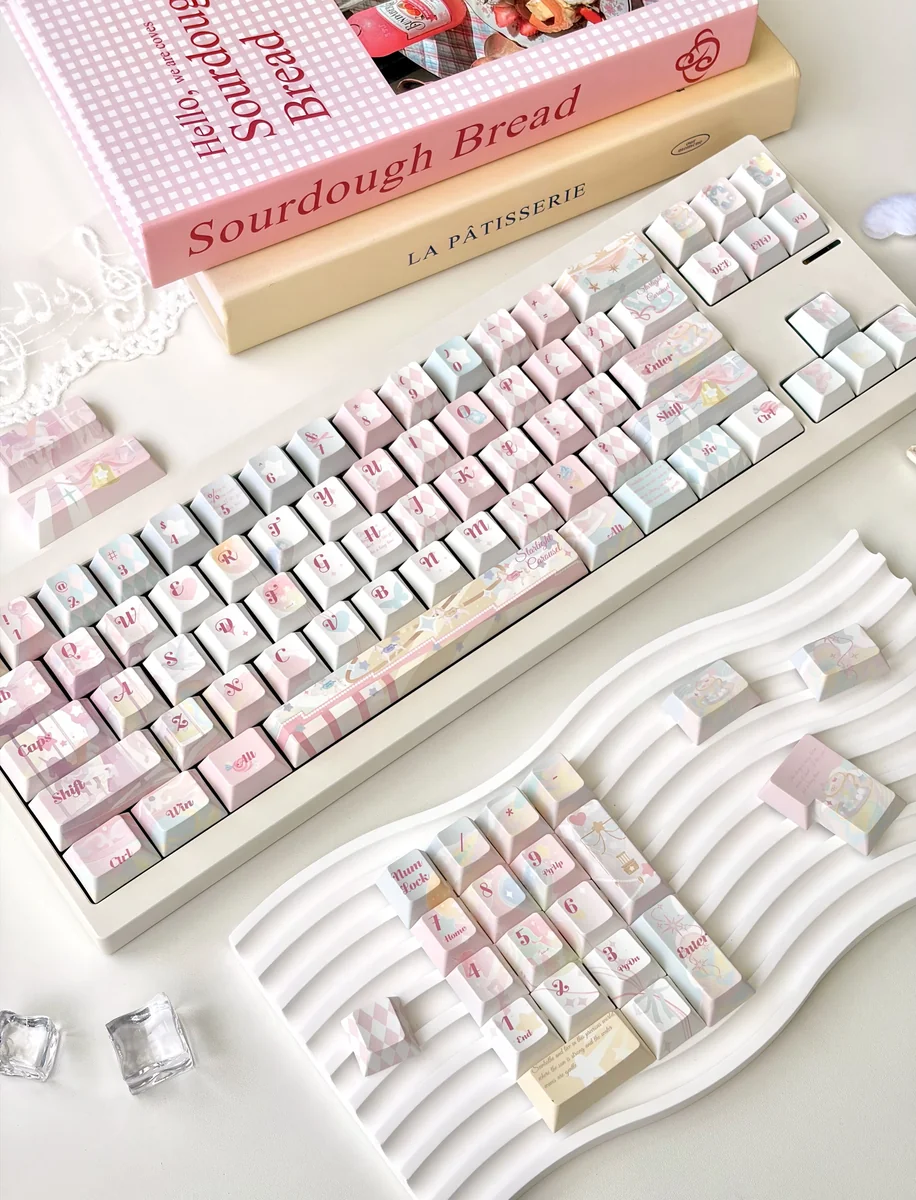 Dreamy Girl Keycap Set installed on a white keyboard case, aesthetic setup