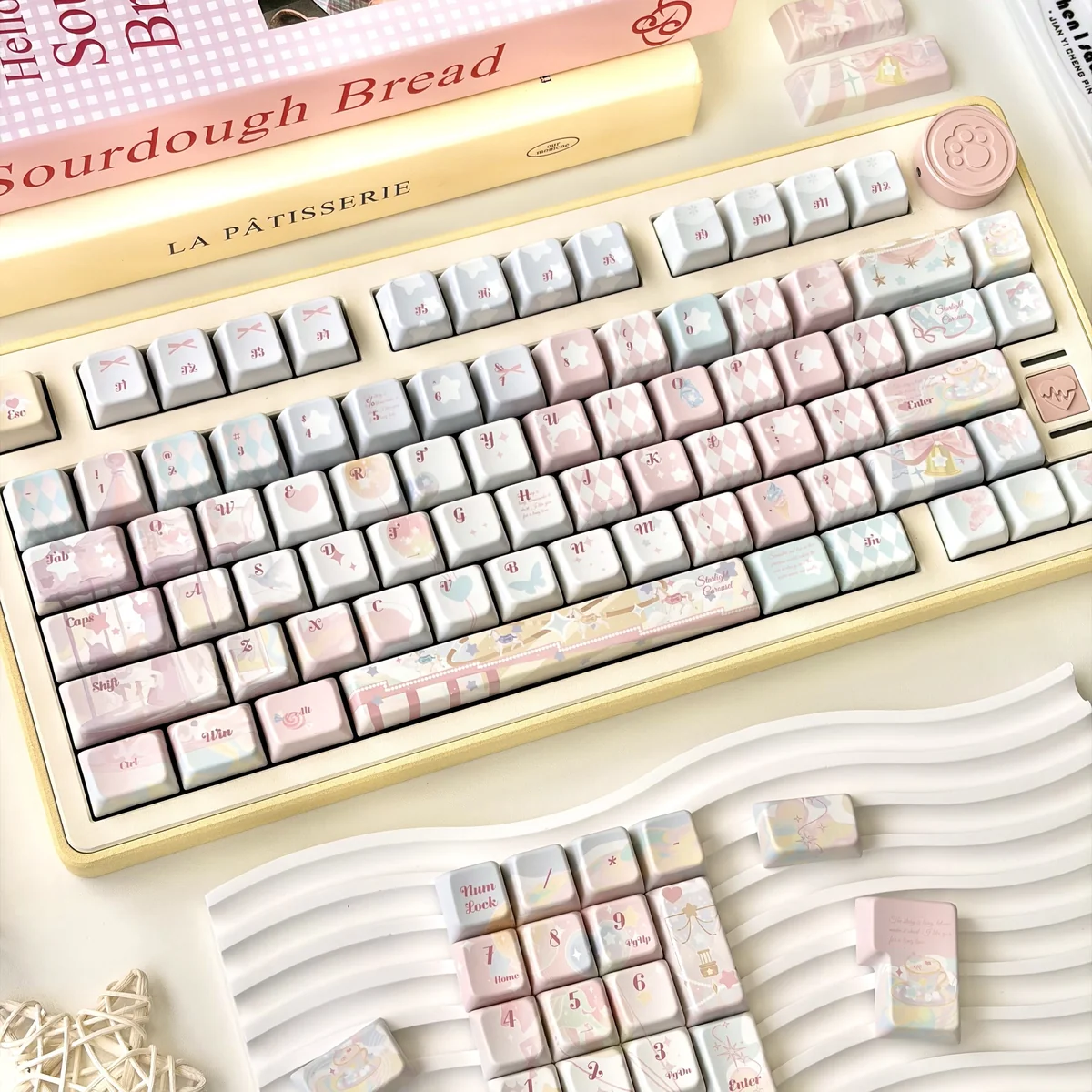 Close-up of Dreamy Girl PBT keycaps, highlighting dye-sublimated legends and Cherry profile