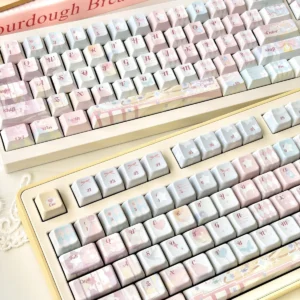 Dreamy Girl PBT Keycap Set on mechanical keyboard, showing pastel pink and purple hues