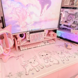 Dreamy Lamb Whimsical Pink Desk Mat with cute lamb motifs on a working desk