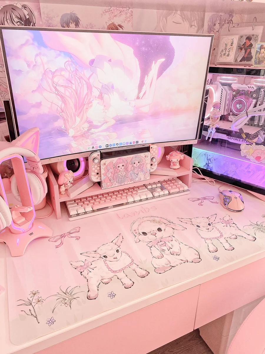Dreamy Lamb Whimsical Pink Desk Mat with cute lamb motifs on a working desk