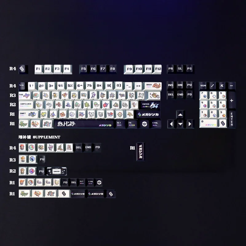 Detail shot of PBT keycap texture and pixel art legends from the Pokemon set