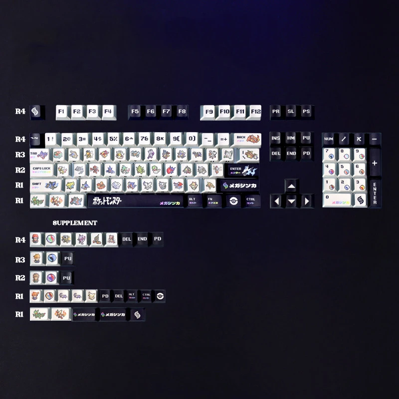 Detail shot of PBT keycap texture and pixel art legends from the Pokemon set