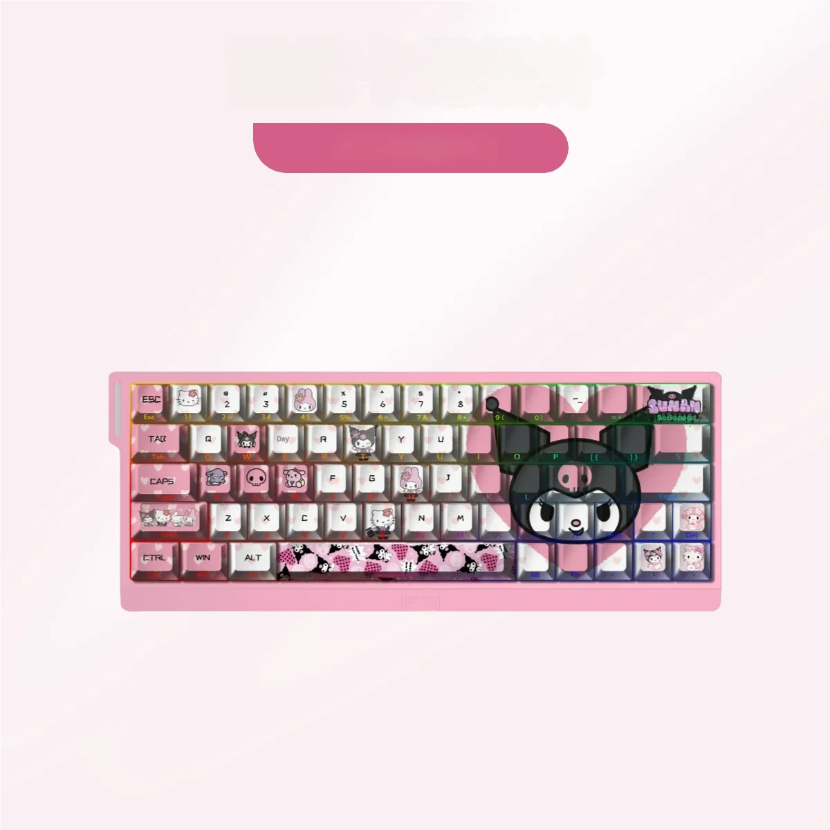 Detailed shot of dye-sublimated legends on Kuromi keycaps