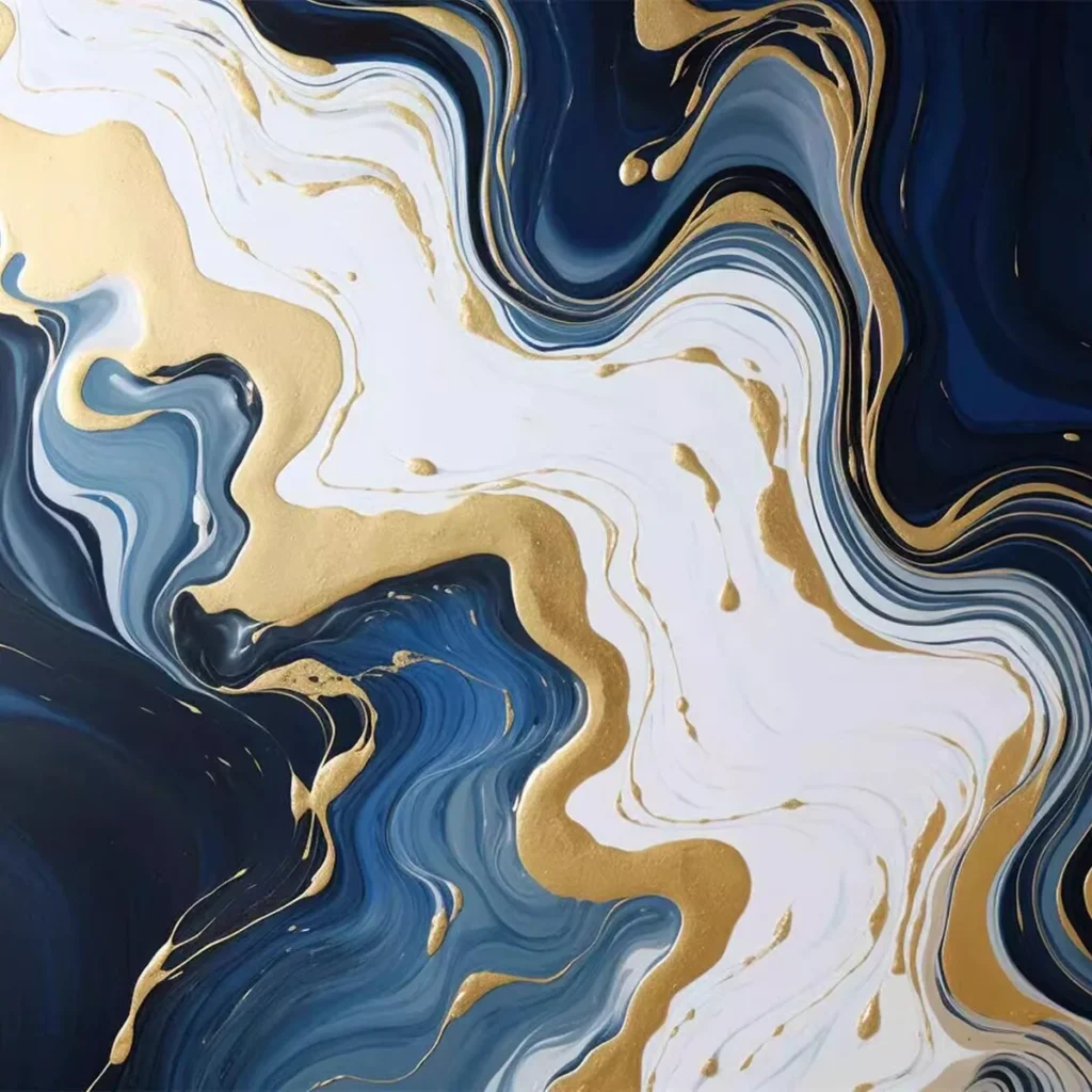Dynamic Flow Artistic Mouse Pad with blue, white, and gold abstract design covering a workspace