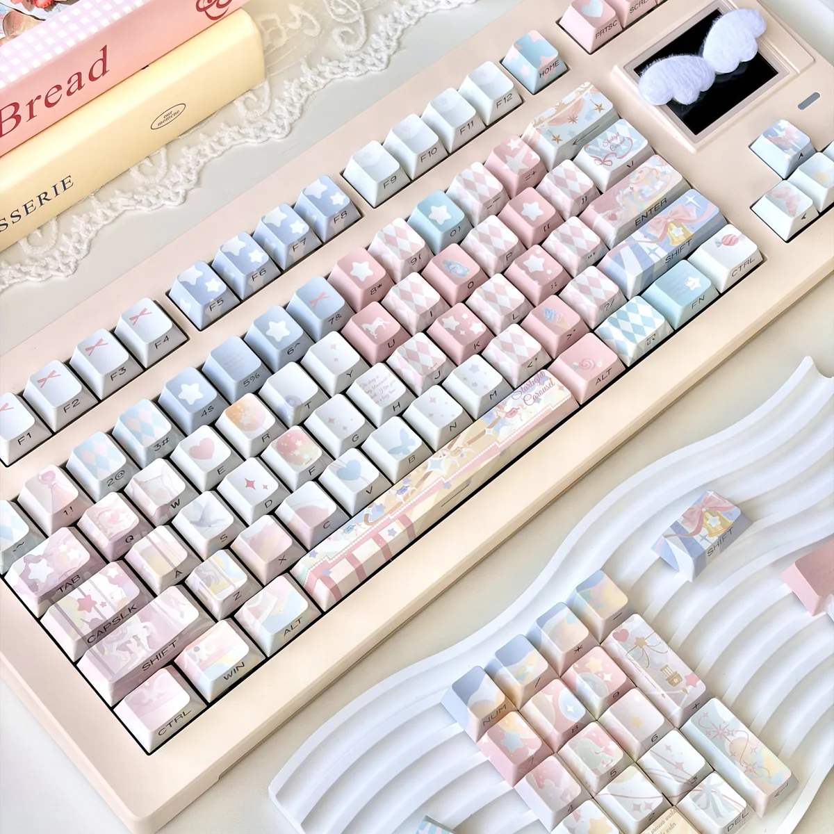 Side view of Dreamy Girl Cherry profile keycaps, demonstrating ergonomic design