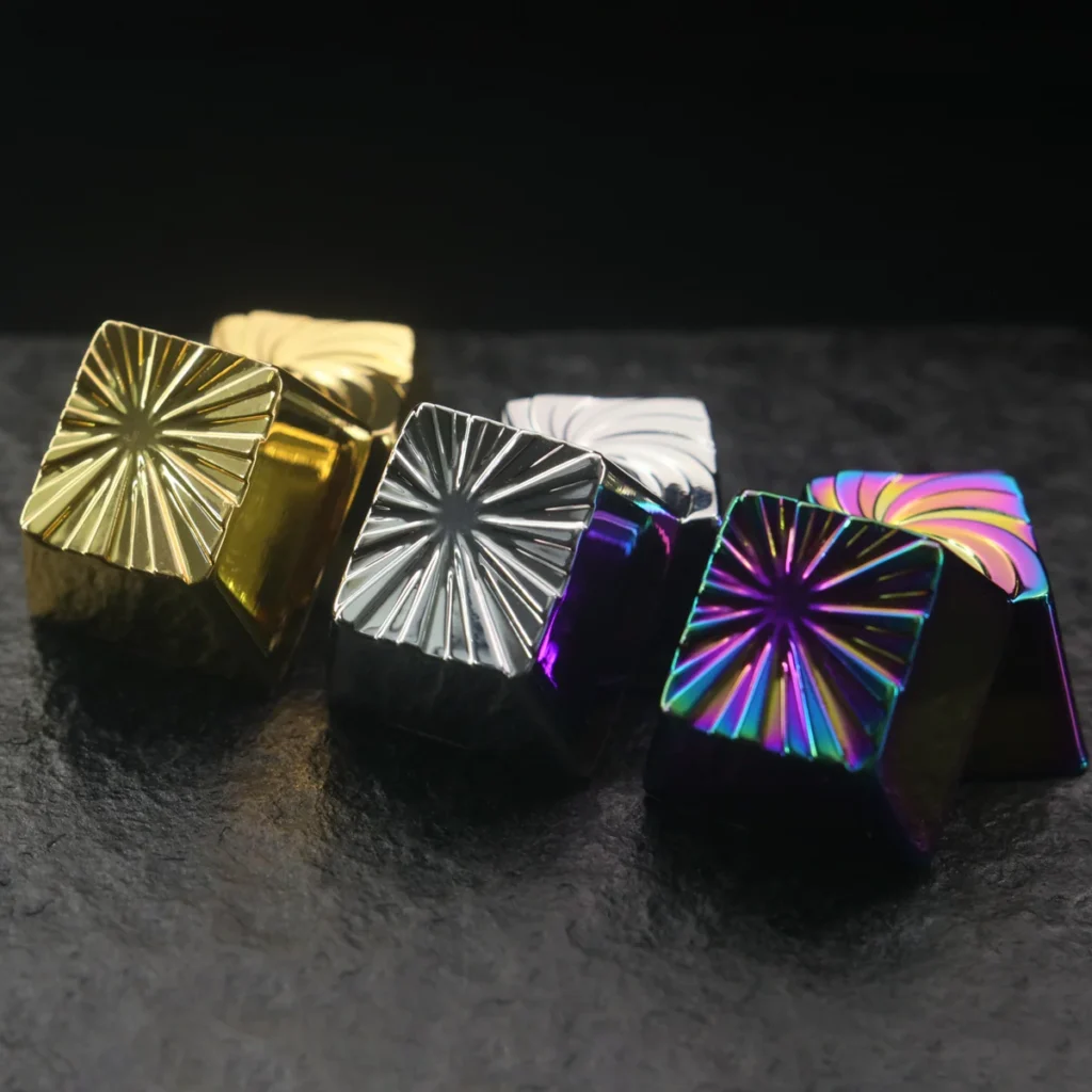 Explosion Series Iridescent Keycap on a mechanical keyboard, close-up dynamic view