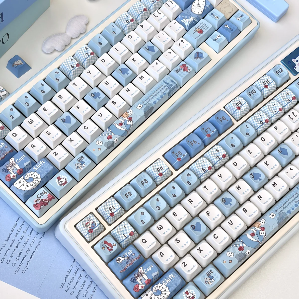 Fallen Alice Wonderland PBT Keycap Set full display on a dark background
