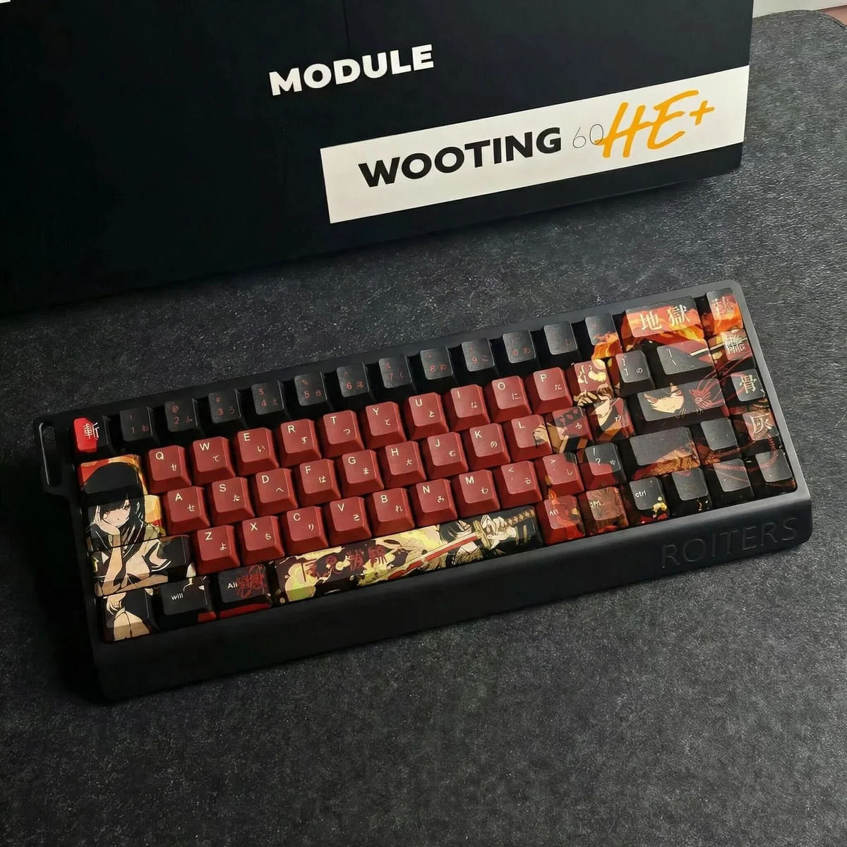Angled view of Fiery Abyss keycaps installed, demonstrating ergonomic comfort and aesthetic.