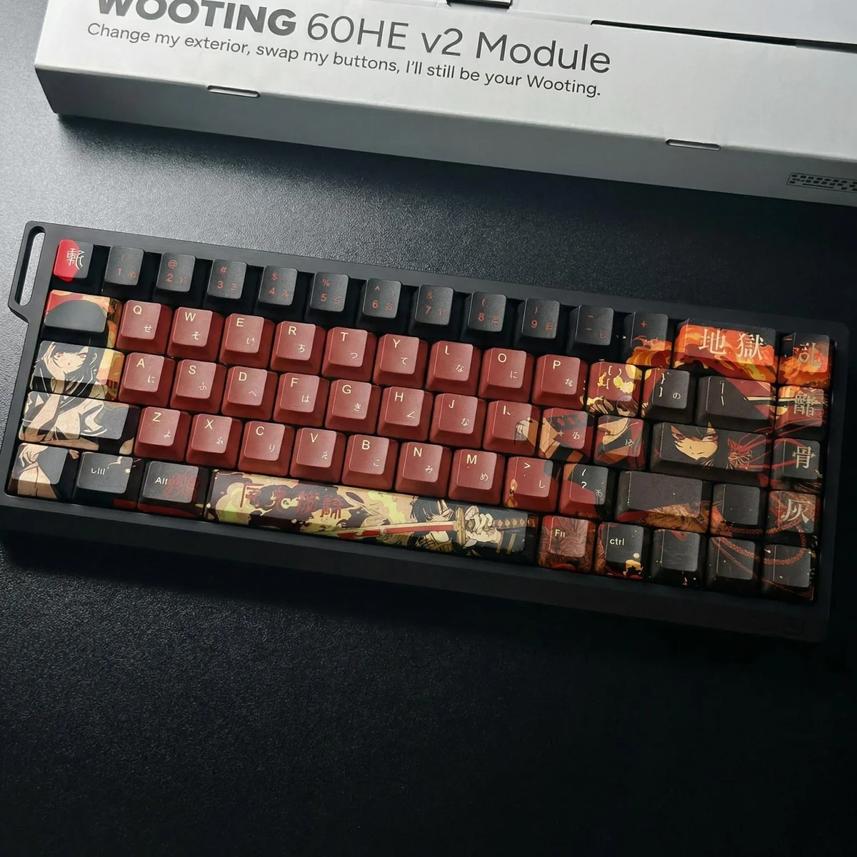 Close-up of Fiery Abyss keycaps showing detailed dye-sublimation and Cherry profile.