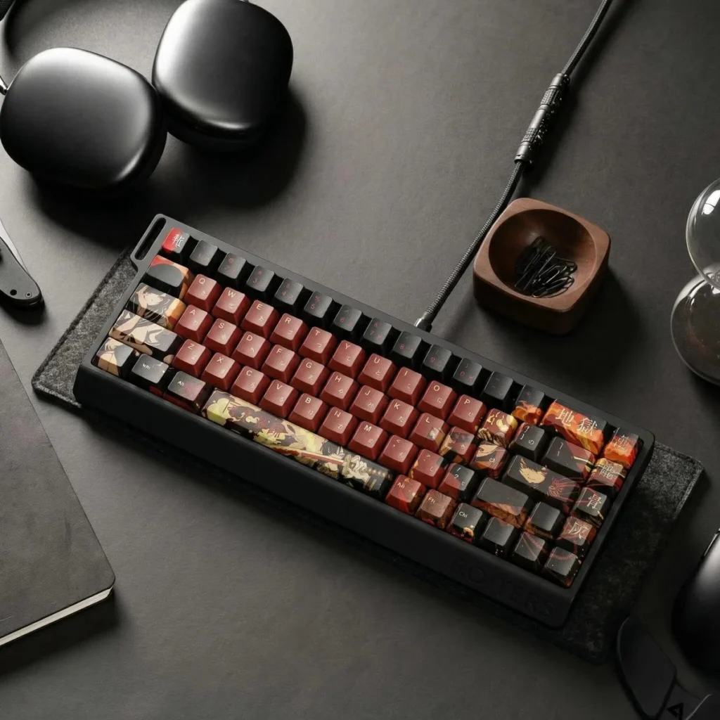 Full layout of the Fiery Abyss keycap set highlighting fiery amber and red tones.