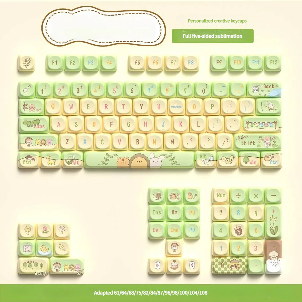 Close-up of Forest Fairy Tale MOA profile keycaps, highlighting the dye-sublimated details and sculpted ergonomic shape.