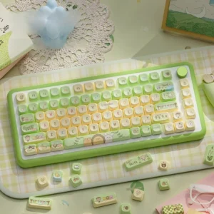 Complete Forest Fairy Tale PBT Keycap Set on a mechanical keyboard, showcasing whimsical nature-inspired designs and pastel colors.