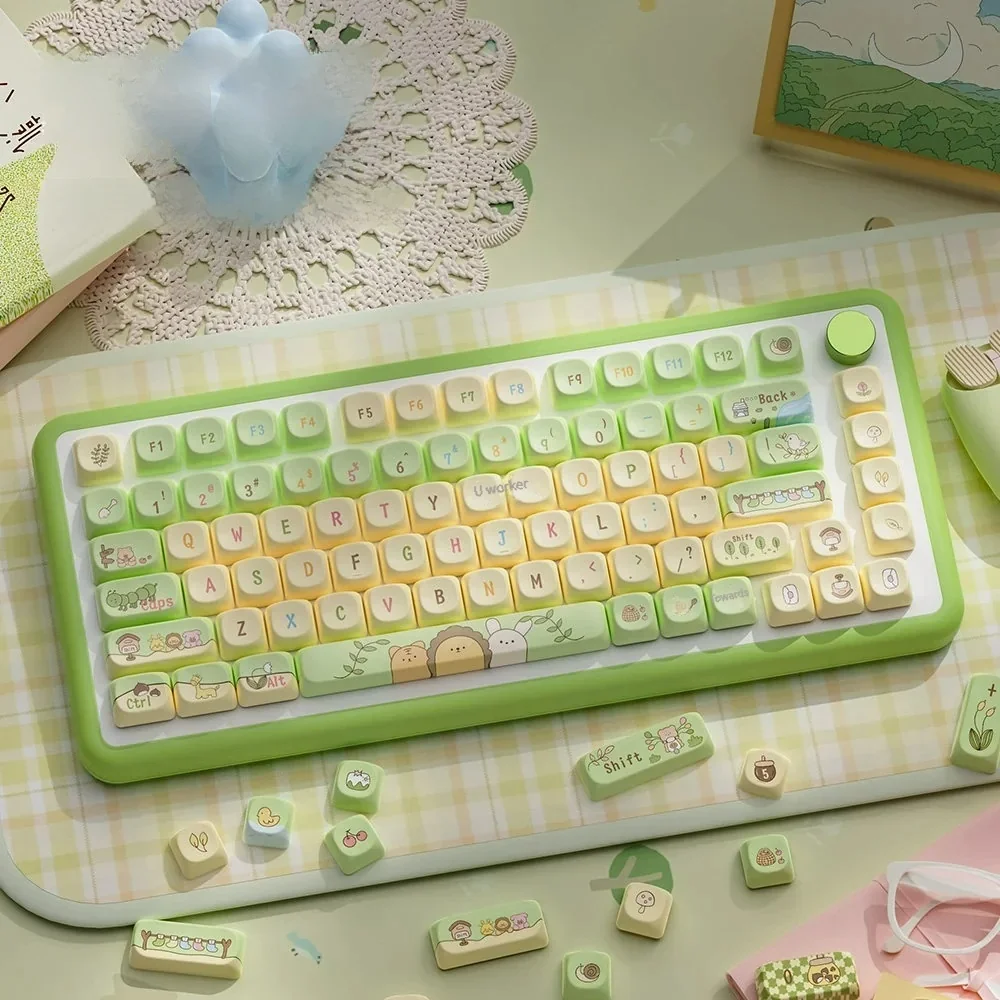 Complete Forest Fairy Tale PBT Keycap Set on a mechanical keyboard, showcasing whimsical nature-inspired designs and pastel colors.